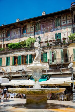 Editorial. May, 2019. Verona, Italy. The fountain of the Verona Madonna is an amazing monument of architecture of the 14th century.のeditorial素材