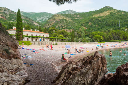 Editorial. Sveti Stefan, Montenegro. 2021. Landscape in the Milocher park with a view to the King's Beach in Sveti Stefan in Montenegroのeditorial素材