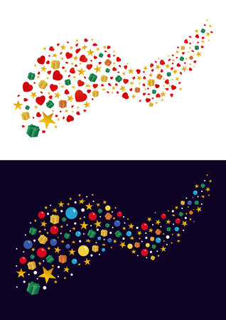 Flying multicolored holidays stars, balls, gift boxes, hearts, snow fly in a whirlwind. Vector illustrationのイラスト素材