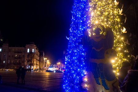 editorial. December, 2022. Kyiv, Ukraine. Figure of Archangel Michael on the Christmas tree with a decorations in Kyiv, in Ukraine during the war. New year 2023.のeditorial素材