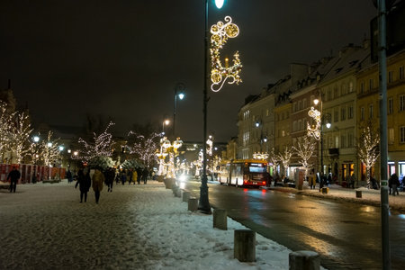 editorial. December, 2022. Warsaw, Poland. Christmas decorations in Warsaw, Poland. New year 2023. Glowing decorations near a Christmas tree in Warsaw.のeditorial素材