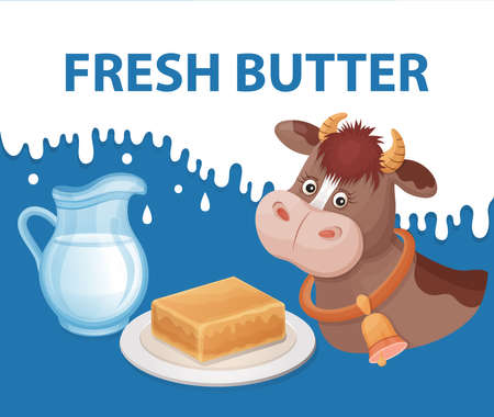 Fresh dairy butter on plate with jug of milk and funny cow in cartoon style. Bar of butter as traditional breakfast organic food with milk splashes on background. Packing design for farm products.のイラスト素材