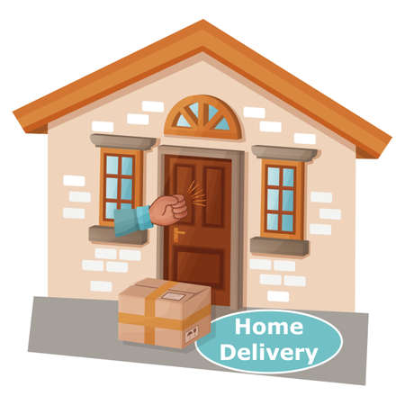 Home delivery to door service. Online order. Parcel box on house doorstep, hand knock. Concept safe express courier shipping of goods from online store or post package. Vector for website, mobile app.のイラスト素材