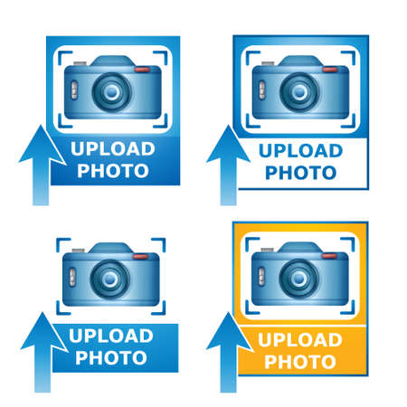 Upload your photo image icon set. Blue camera picture on photography with loading arrow. Concept add file to website gallery, uploading photograph on cloud server, download snapshot. Vector on whiteのイラスト素材