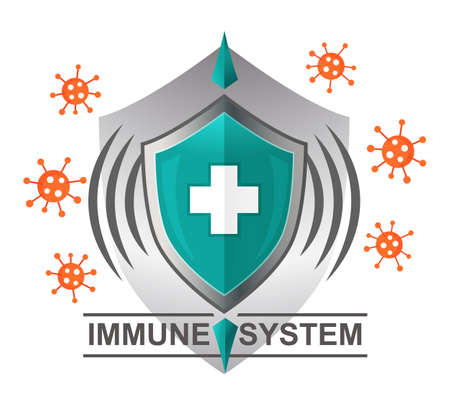 Immune system flat icon. Virus protection. Medical shield counteracts bacterial attack of human immunity. Concept human immunization, preventive vaccination, antibiotic treatment. Vector isolated signのイラスト素材