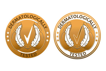 Dermatologically tested sign. Hands hold feathers near the quality mark. Hypoallergenic test tag in medicine and cosmetology. Package label of healthy skincare product with allergy free formula.のイラスト素材