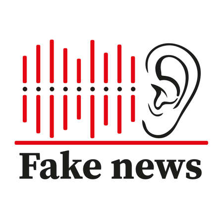 Lying fake news icon. Ear hears lies badge. Dissemination of false information in newspapers, on Internet and on tv, journalistic deception concept. Flat modern style vector illustration on white.のイラスト素材