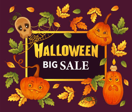 Halloween big sale. Special promotional offer. Hand drawn funny pumpkins, skull, leaves with lettering. Discounts for autumn holiday shopping. Vector illustration for voucher, flier, promotion posterのイラスト素材