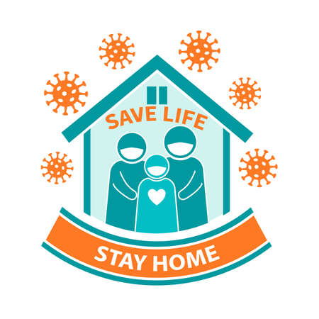 Stay home save life coronavirus quarantine icon. Family self-isolated during the epidemic Ð¡ovid-19. Protective medical masks on them.のイラスト素材