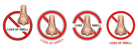 Anosmia, loss ability to smell icon set.  infection. Respiratory disease symptom. Nose organ of scent with red warning sign. Difficulty perceiving odors. Collection colored symbols. Vectorのイラスト素材