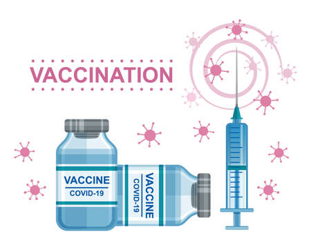 Coronavirus vaccination. Covid-19 vaccine and syringe injection. Dose medicine solution in bottle. Immunity health, immunization. Prevent outbreak virus respiratory infection or pneumonia. Flat vectorのイラスト素材