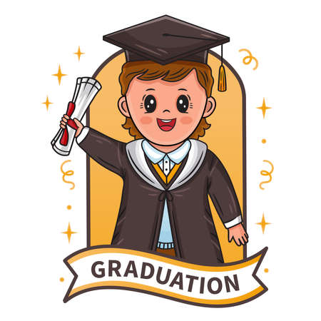 Graduation ceremony sign. Happy graduating boy successful finish study at university. Little student child in academic robe and mortarboard with diploma education certificate. End school year. Vectorのイラスト素材