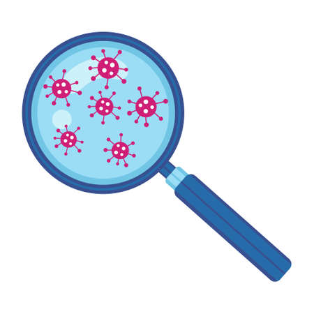 virus under magnifying glass sign. Magnifier shows viruses or bacteria cells. Optical tool.Prevention, screening infection pneumonia disease. Virology flat vectorのイラスト素材