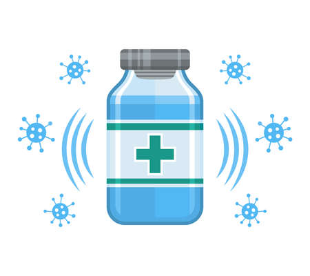 Medical vaccine vial sign. Medicine bottle for injection. Ampoule dose liquid drug. Treatment, vaccination. Protect human immunity from coronavirus infection. Pharmacy antibiotic. Flat vectorのイラスト素材
