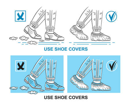 Use medical shoe covers, protective disposable surgical overshoe worn on street footwear boots. Sterile medic foot uniform. Antibacterial plastic footgear bags. Protection clean floor from dirt vectorのイラスト素材