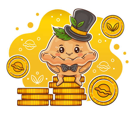 Cute dumpling businessman, dough bun or pelmen in gentleman hat sitting on pile gold coins. Rich ravioli baker food cartoon character. Cash profit, win money, wealth. Steamed dish with filling. Vectorのイラスト素材