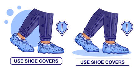 Shoe covers icon set. Use medic protective disposable surgical overshoe. Personal medical sterile foot uniform. Protector for footwear. Plastic footgear bags. Protection clean floor from dirt vectorのイラスト素材