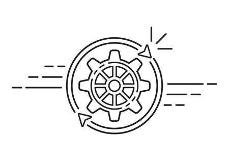 Easy work operation with rotate gear, finish workflow process, data update line icon. Turn cogwheel, reverse motion. Loading connection, cash flow, technical support and result action. Outline vectorのイラスト素材