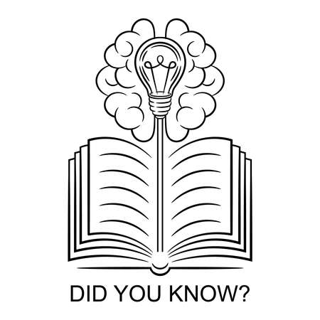 Did you know interesting fact, education information in learning book line icon. Helpful wise advice, fun fact, quick tips, quiz or fyi info. Thinking brain with light bulb. Textbook knowledge. Vectorのイラスト素材