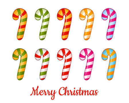 Christmas striped sugar candy cane caramel stick with mint icon set. New year sweet lollipop. Traditional Xmas holiday dessert food. Children treat or winter fir tree decoration toy. Cartoon vectorのイラスト素材