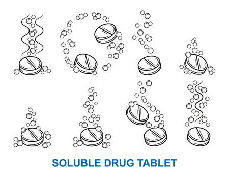 Effervescent soluble drug tablet, fizzy  pill, vitamin C dissolve in water outline icon set. Medication solution with air bubbles. Dose pain medication, antibiotic for treatment. line vectorのイラスト素材