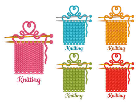Hand knit with knitting needles, knitted fabric handmade pattern with thread. Creation textile winter knitwear clothing from wool, cotton yarn. needlework tool. creative hobby. Knitter workshop vectorのイラスト素材
