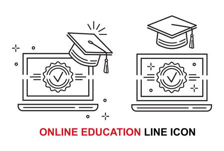 Online distant education, home internet learning with laptop line icon. Graduation, finish distance internet study. Computer with educate award, academic hat. video lesson. vectorのイラスト素材