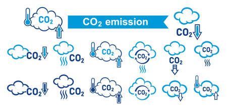 CO2 emission reduction, carbon dioxide greenhouse gas reduce line icon set. Low carbon smoke air pollution. smog cloud. Atmosphere contamination. global climate warming. Vectorのイラスト素材