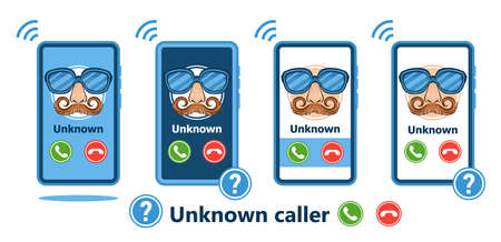 Unknown number phone call, incoming anonymous caller on mobile phone screen icon. Unfamiliar incognito person. ID stranger identification. Fake mask with glasses, mustache. vectorのイラスト素材