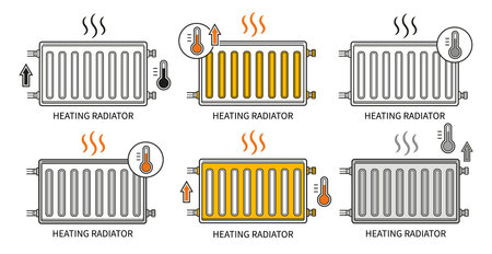 Heating radiator battery, home wall heater, central heat system, oil convector line icon set. Electric, water warm panel, thermal house equipment. control room temperature. vectorのイラスト素材