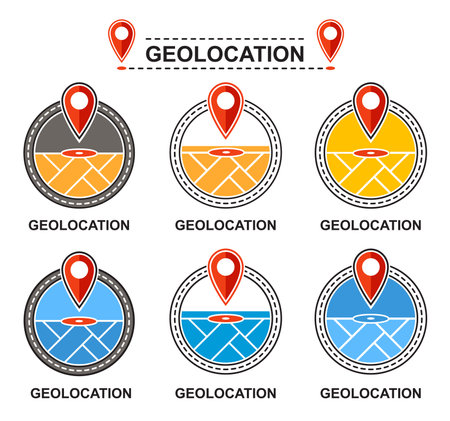 Geolocation map pin pointer, gps navigation, location road point icon. Tracking transport travel route, place on driving way. Direction destination pinpoint, address marker. Vectorのイラスト素材