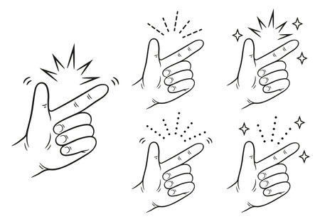 Hand snap fingers gesture, click sound signal line icon set. Human arm wrist flick. Easy, good idea, okay, attention or reminder. Point up, gesticulate. web cursor pointer. vectorのイラスト素材