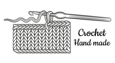 Crochet knitting, crocheting hook with cotton, wool yarn thread, hand knit pattern line icon. Needlework accessory. Handmade knitted knitwear clothes. Craft hobby, workshop vectorのイラスト素材