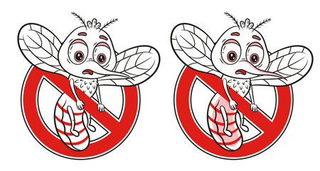 Anti mosquito bite, stop parasite insect sucking blood, garden pest control line icon. Funny malaria gnat character. red prohibition sign. Kill flying midge. insecticide. vectorのイラスト素材