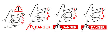 Hand finger cut injury risk warning, skin hurt wound with blood drop, danger sharp equipment line icon set. Prevent arm wrist bleeding trauma. Attention be careful with tool vectorのイラスト素材