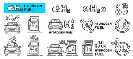 H2 hydrogen fuel gas cell car filling station, hybrid auto transport charging line icon set. Automobile vehicle refueling ecological gasoline. Alternative renewable energy. vectorのイラスト素材