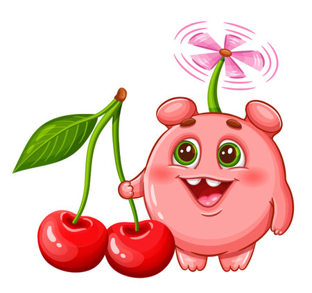 Cute monster, fantasy alien, cherry fruit icon. Funny humanoid children cartoon character. Fairy fictional mutant demon creature. Kid healthy vitamin food, juice drink vectorのイラスト素材