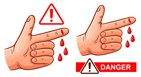 Hand finger cut injury risk warning sign, skin hurt wound with blood drop, unsafe sharp equipment, work tool icon set. Danger physical human wrist bleeding body trauma. Vectorのイラスト素材