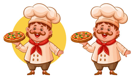 Cute pizza chef cook, pizzeria cooking baker master hold tray hot Italian fast food with cheese icon. Funny cooking man character in culinary hat. Italy cuisine lunch menu. Vectorのイラスト素材