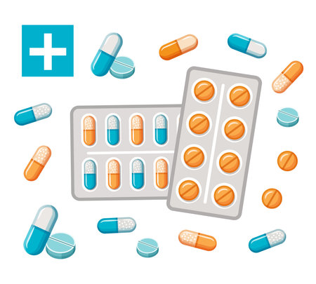 Pharmacy medicine drug pills, medical capsule, vitamin tablet blister package icon. Pharmaceutical painkiller, antibiotic for health, disease treatment. Nutrition supplement vectorのイラスト素材