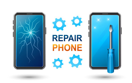 Mobile phone repair service, broken smartphone touch screen fix, change breaking telephone display, computer electronics device renovation. Technical maintenance center. Vectorのイラスト素材
