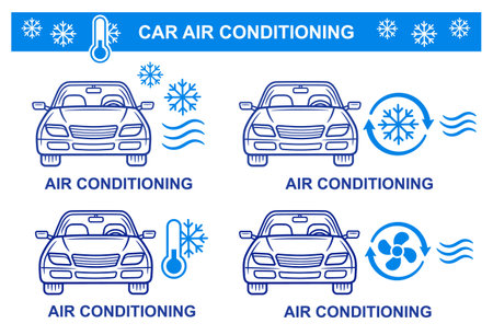 Car air conditioning, automobile climate control system, auto transport cooling conditioner equipment line icon set. Cold or hot temperature regulation. Vehicle cooler. Vectorのイラスト素材
