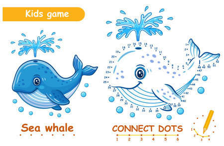 Cute sea whale, connect dots numbers children education puzzle game. Blue swim fish. Ocean water animal character. Draw picture. Coloring page. Kid learn activity worksheet. Vectorのイラスト素材