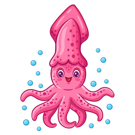 Cute squid octopus or cuttlefish sea animal cartoon character. Funny little calamari creature swim in water. Ocean underwater monster. Marine cephalopod. Seafood symbol. Vectorのイラスト素材