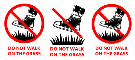 Do not walk on grass lawn, no allowed foot shoes step on garden green plant icon. Prohibition stand in boots on park flowers. Forbidden footsteps on herb. Warning stop sign. Vectorのイラスト素材