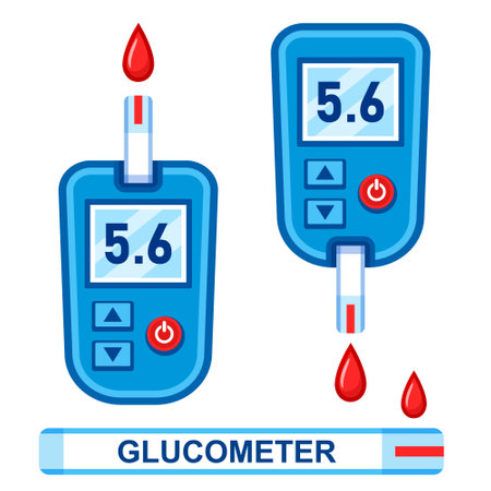 Glucometer, blood glucose test meter electronic device, diabetic insulin control. Sugar medical measuring from finger hand. Diabetes disease diagnosis. Medicine health care. Vectorのイラスト素材