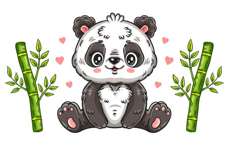 Cute baby panda Chinese bear sitting with bamboo plant branch. Funny little black and white animal cartoon character. Adorable wild mammal from China jungle. Children print. Vectorのイラスト素材