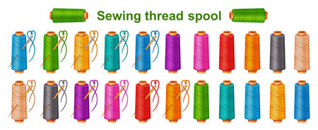 Sewing thread spool with needle for tailoring handmade sew, cotton yarn skein color icon set. Filament reel, needlework embroidery. Knitting string bobbin. Clothes repair. Vectorのイラスト素材
