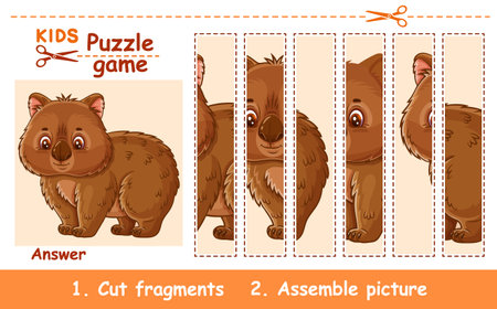 Cute wombat bear Australian wild animal, children education puzzle game. Cut, connect picture part. Assemble vombatus drawing from piece. Kid logical learning book worksheet vectorのイラスト素材