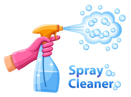 Spray cleaner bottle in hand, water spraying, liquid clean chemical sprayer detergent, house bathroom cleaning, wash window glass. Disinfection antiseptic. Soap foam aerosol vectorのイラスト素材